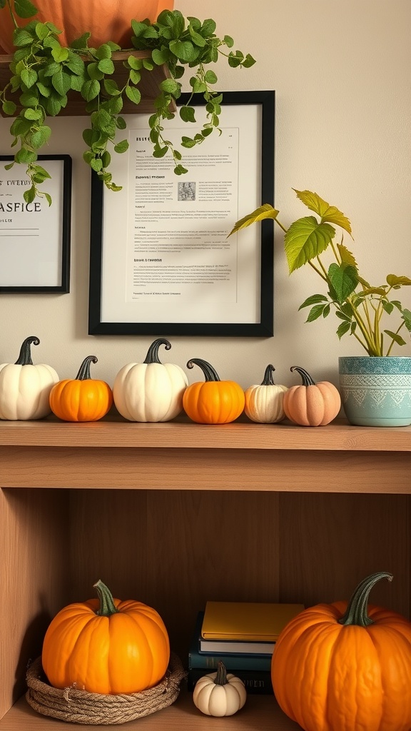 A cozy home office shelf decorated with miniature pumpkins in various colors and sizes, along with a green plant and framed documents.