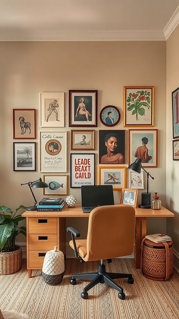 A cozy home office featuring a beige wall with colorful art, a wooden desk, and a light brown chair.