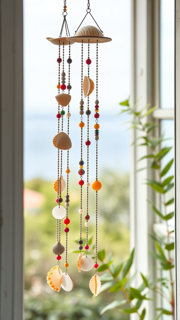Colorful wind chimes made from seashells and beads hanging by a window.