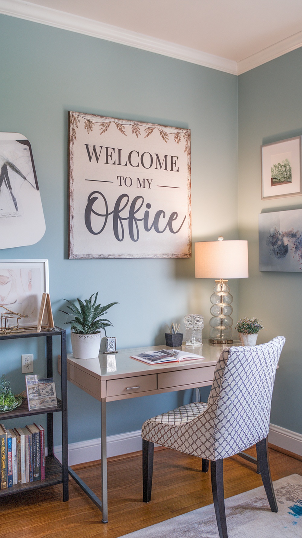 A stylish home office featuring a customized nameplate on the wall, a desk, and decorative elements.