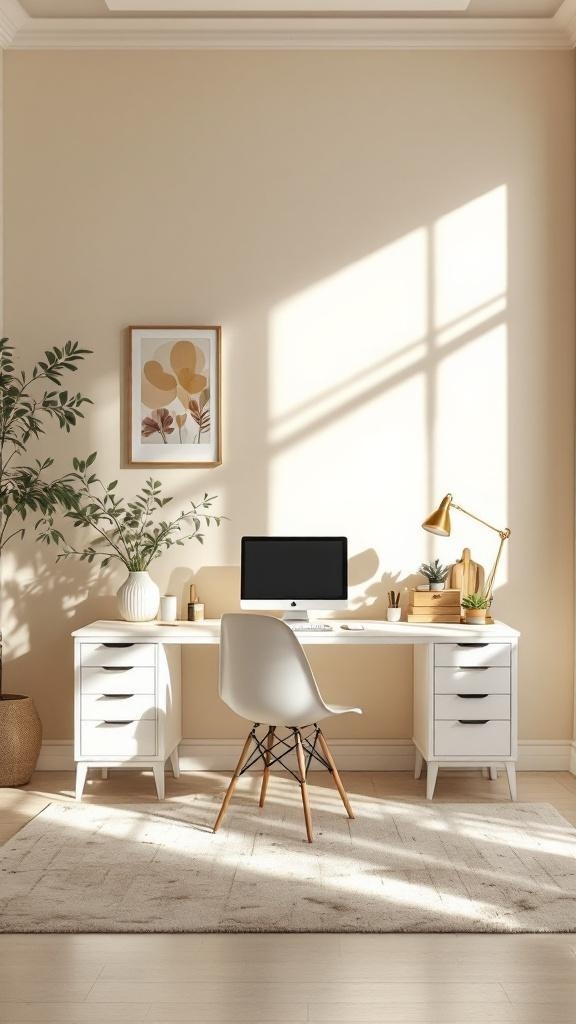 A cozy home office with creamy beige walls, a light wooden desk, and natural light streaming in.