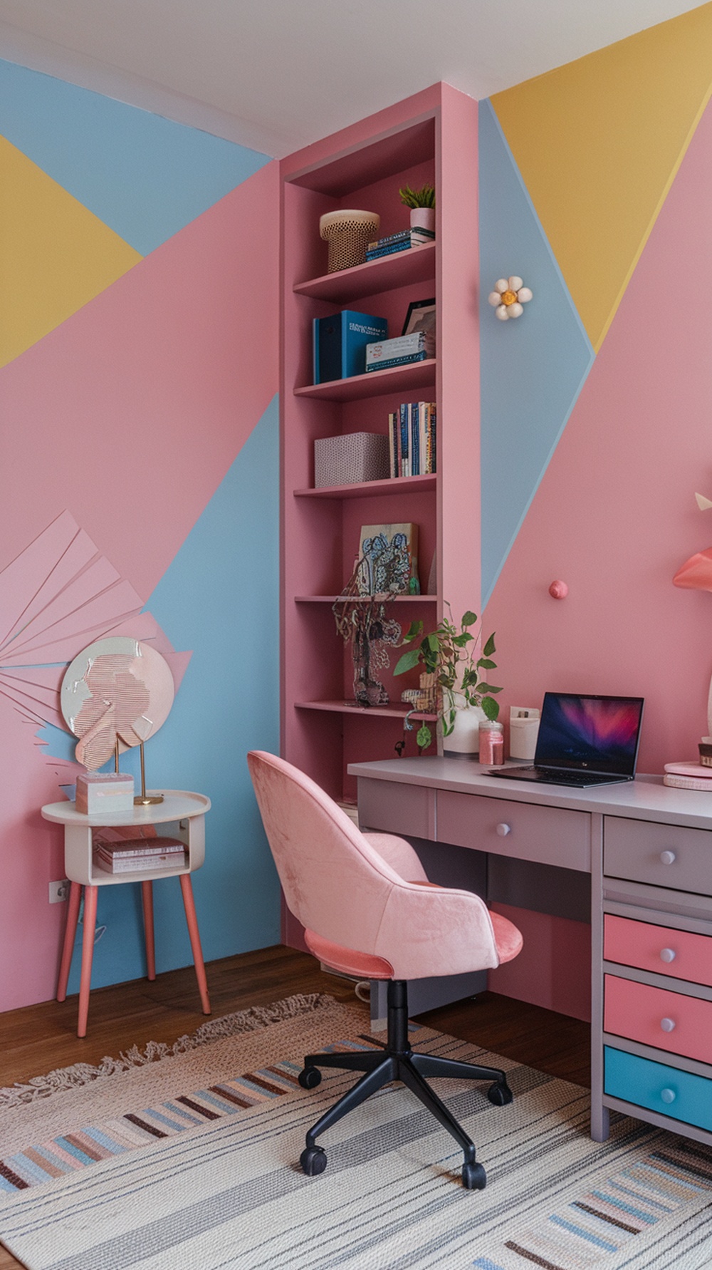 A colorful home office featuring geometric patterns on the walls in pink, blue, and yellow.