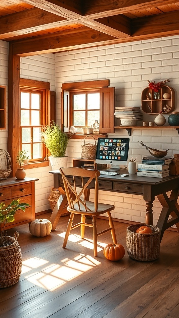 A cozy home office with light brown wallpaper, wooden furniture, and soft lavender accents.