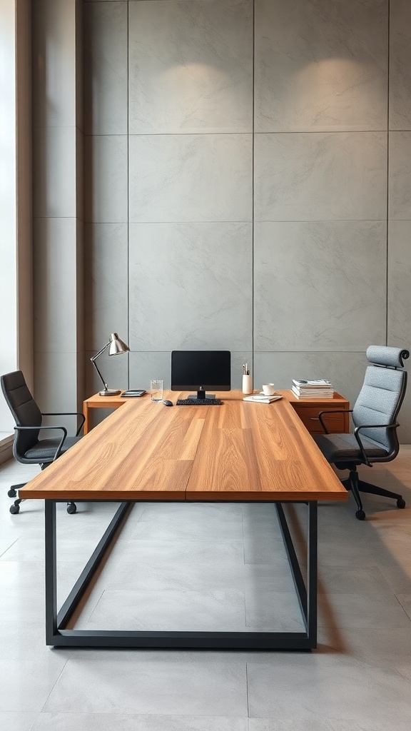A contemporary L shaped executive desk with a metal frame and wooden top, featuring a spacious layout and modern design.