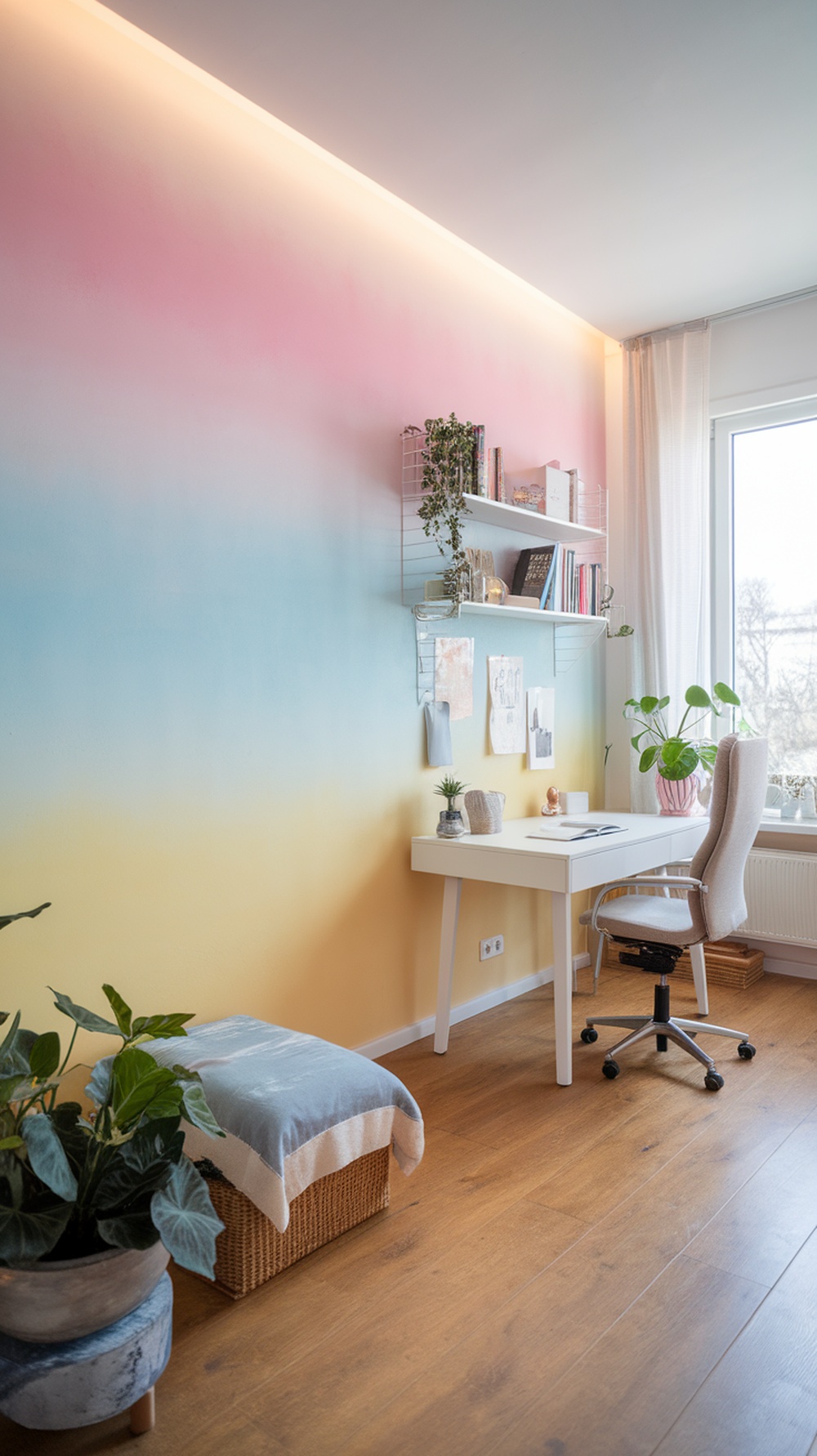 A home office with pastel ombre walls transitioning from pink to blue to yellow, featuring a white desk and plants.