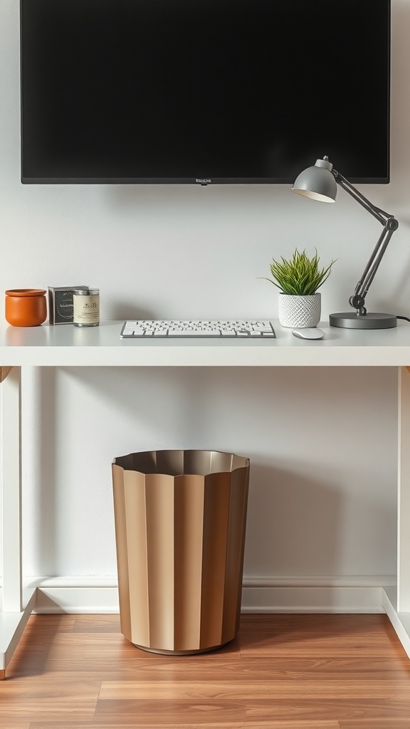 A modern office desk featuring a stylish metallic trash bin, keyboard, lamp, and decorative plants.