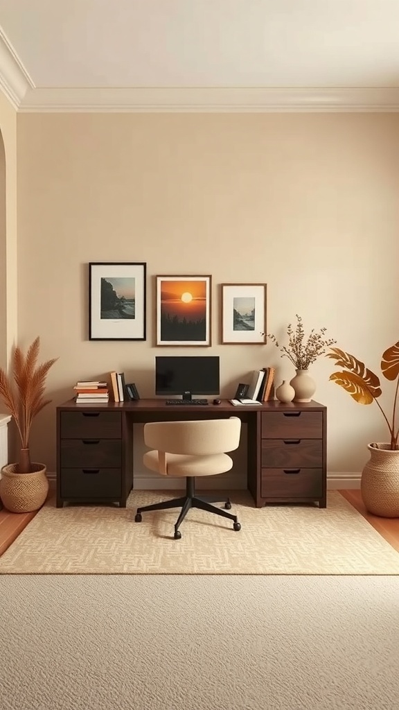 A cozy home office with beige walls, a dark wood desk, and warm sunset artwork.