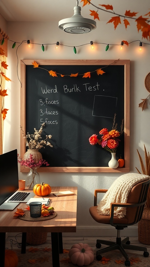 A cozy office space featuring a chalkboard with notes, pumpkins, and autumn decorations.