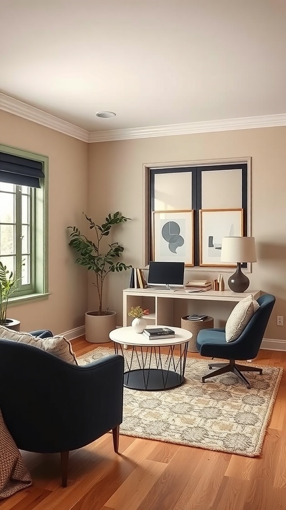 A cozy home office featuring beige walls and navy blue furniture, creating a warm and inviting atmosphere.