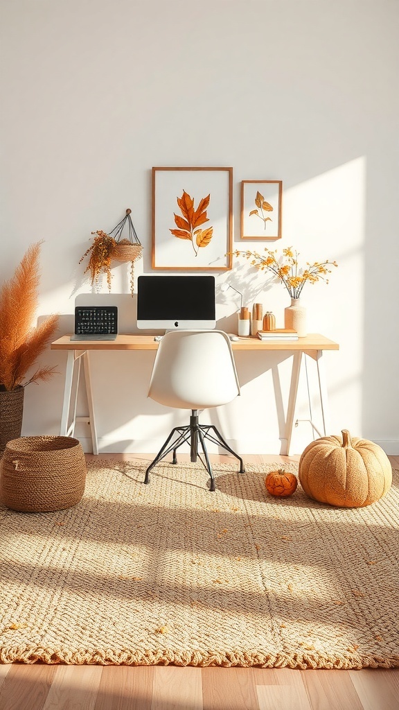Cozy home office with a textured rug and autumn decor