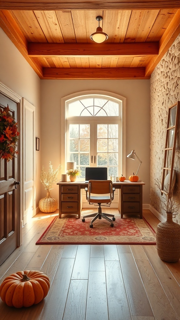 A warm and inviting entryway with a desk, pumpkins, and autumn decorations.