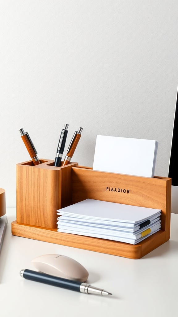 A minimalist wooden desk organizer with compartments for pens and notepads on a clean desk.