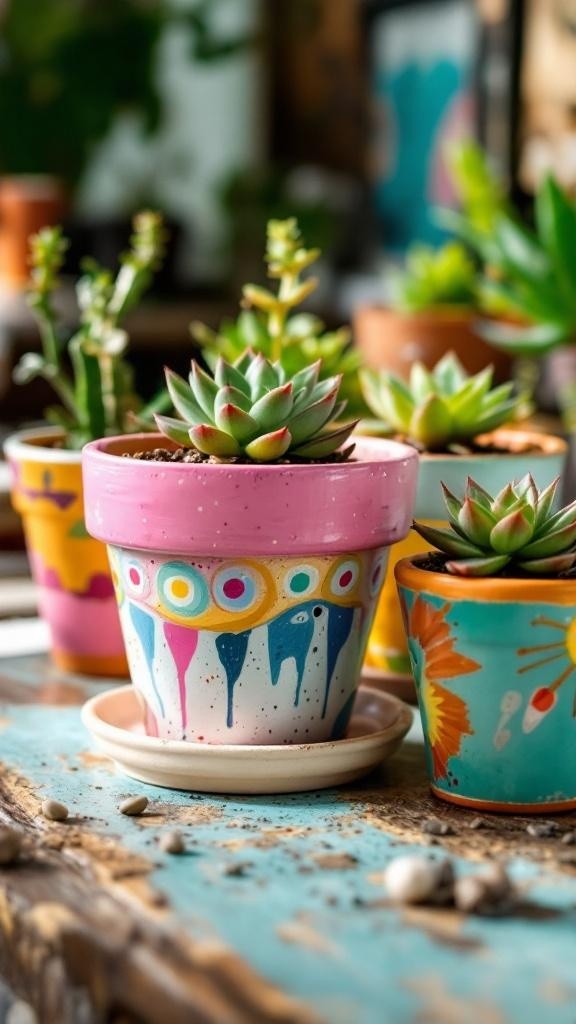 Colorful painted terracotta pots with succulents on a desk in a home office setting.