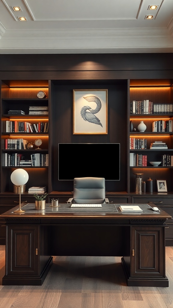 An executive desk with open shelving, featuring a modern design and elegant decor.