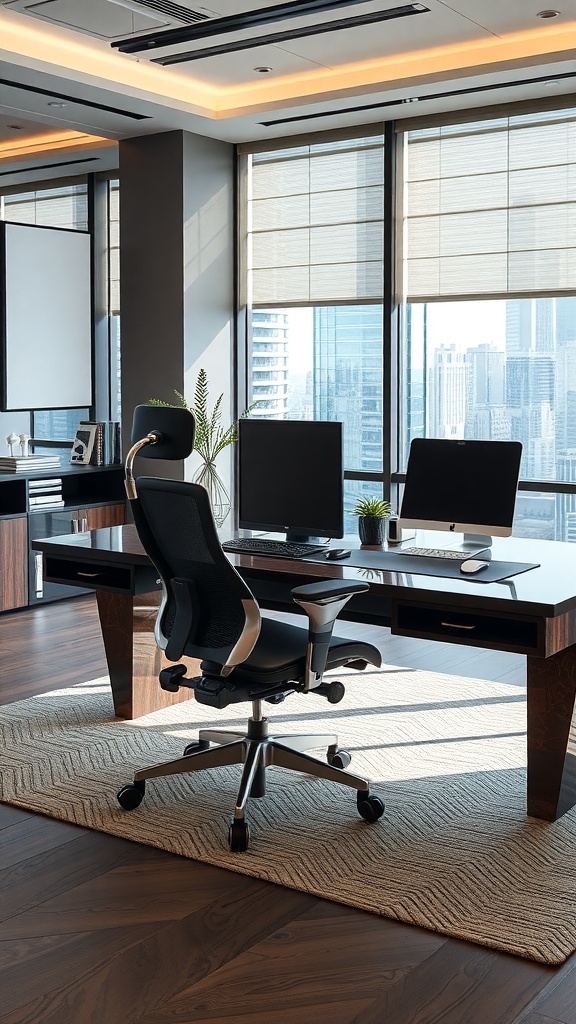 A modern executive desk with an ergonomic chair in a stylish office setting