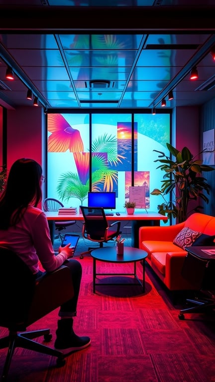 A modern office lounge featuring augmented reality visuals on a large window, with colorful decor and comfortable seating.