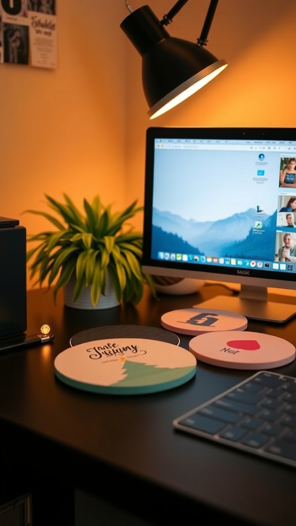 A stylish desk with personalized coasters, a computer, and a plant.