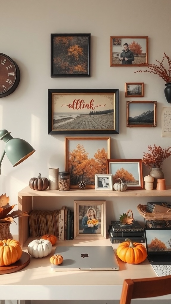 A cozy home office decorated with autumn-themed items, including pumpkins, framed photos, and colorful leaves.