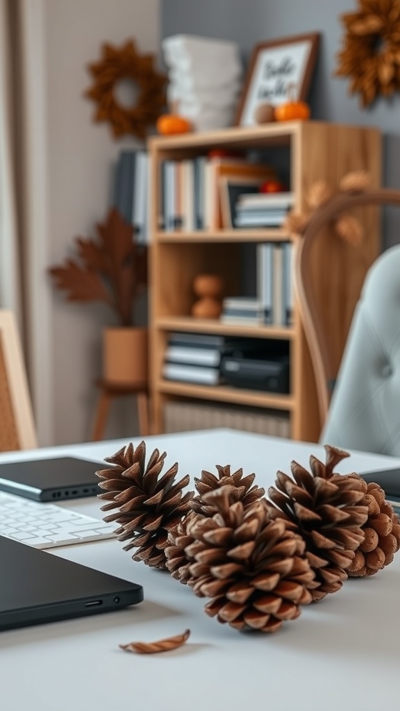 A cozy home office setup featuring pinecone decor on a desk, with a laptop and a bookshelf in the background.