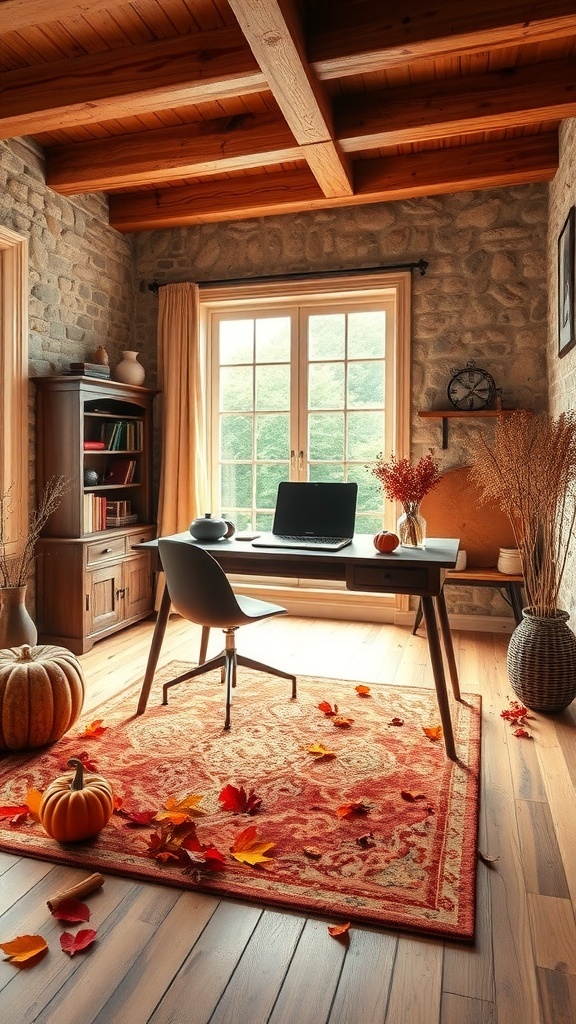 A cozy home office decorated for fall with a desk, pumpkins, and autumn leaves.