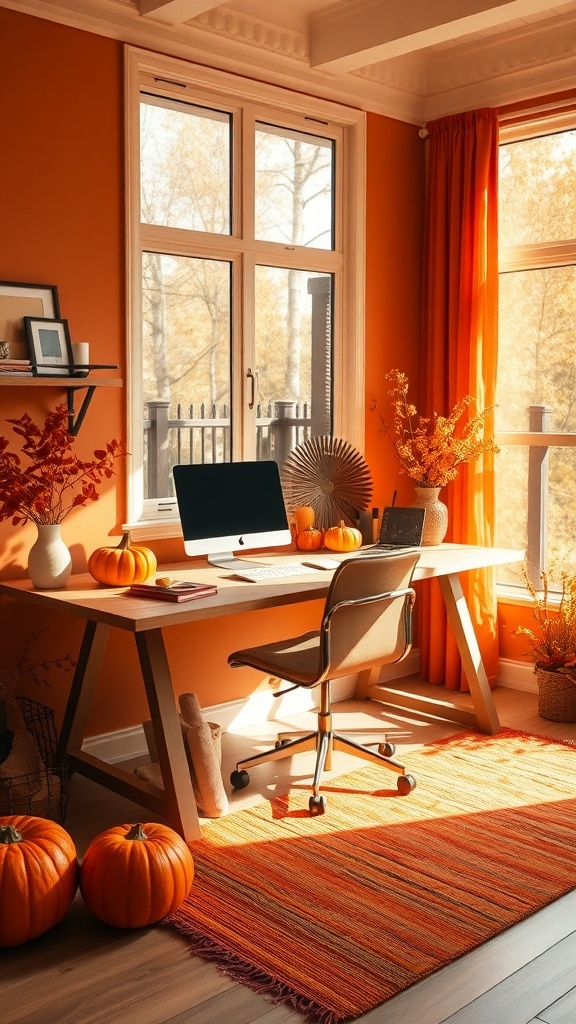 A cozy home office with amber orange walls, a wooden desk, and autumn decorations including pumpkins.