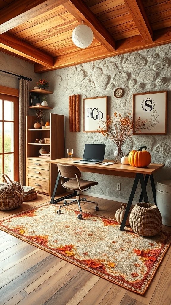 A cozy home office decorated for fall with a pumpkin, autumn-themed rug, and warm colors.