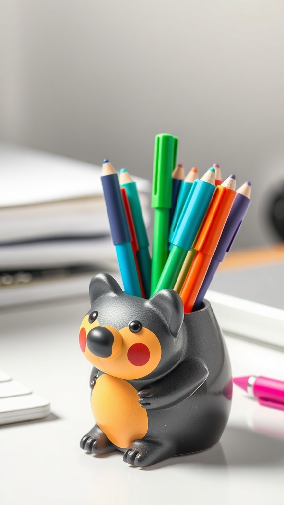 A bear-shaped pen holder filled with colorful pens and pencils on a desk.