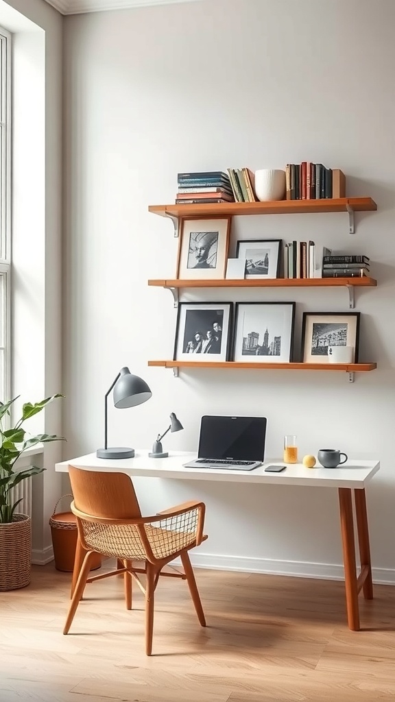 Minimalist home office setup with a desk, laptop, lamp, and wall-mounted shelves displaying books and photos.