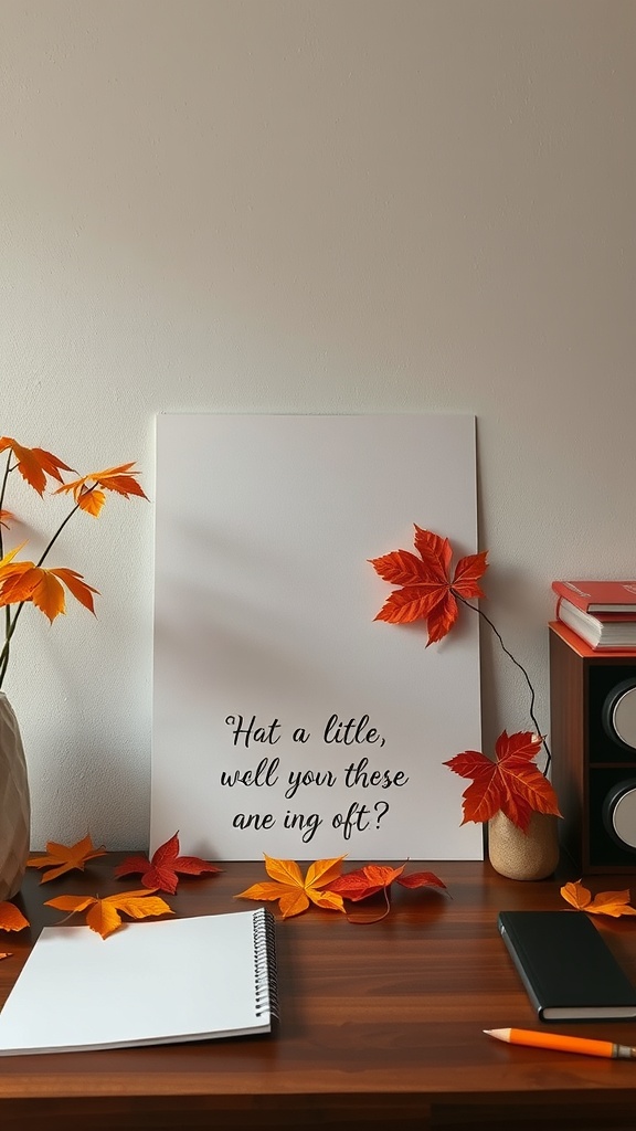 A cozy home office setup with autumn leaves and a motivational quote.