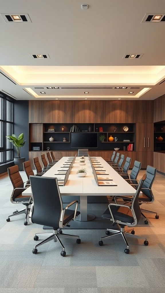 A modern executive office space featuring a long table surrounded by chairs, with a sleek executive desk and wooden paneling.