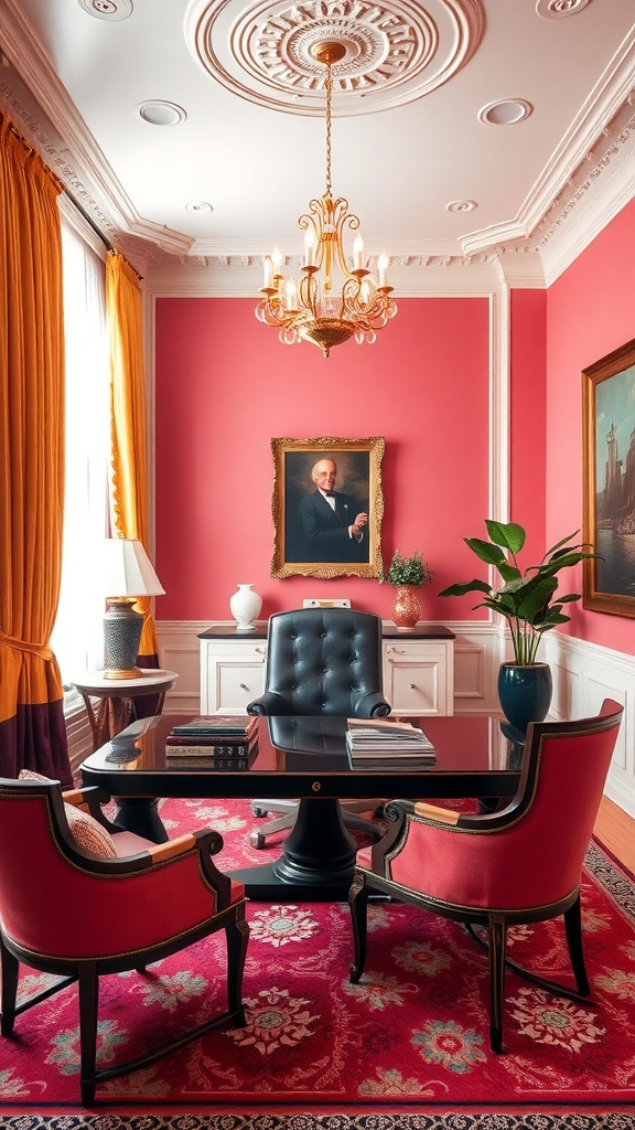A glamorous Hollywood Regency home office featuring pink walls, a chandelier, and elegant furniture.