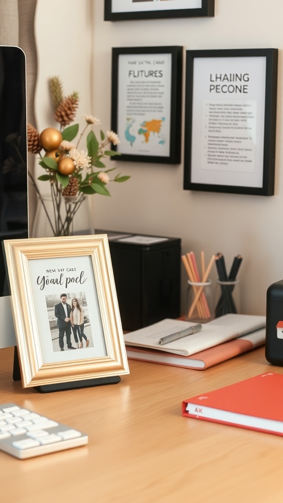 An office desk with a family photo in a gold frame, colorful stationery, and framed inspirational quotes on the wall.