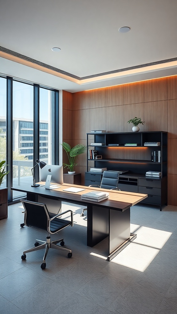 A modern corner executive desk in a stylish office with large windows and luxury office furniture.