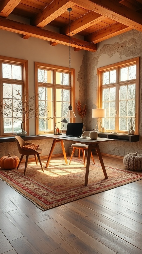 A bright home office with large windows, wooden beams, and fall decor including pumpkins.