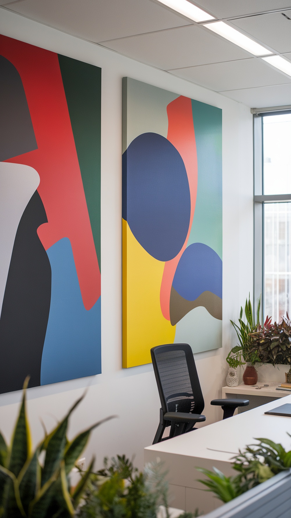 Artistic canvas prints on a blue office wall