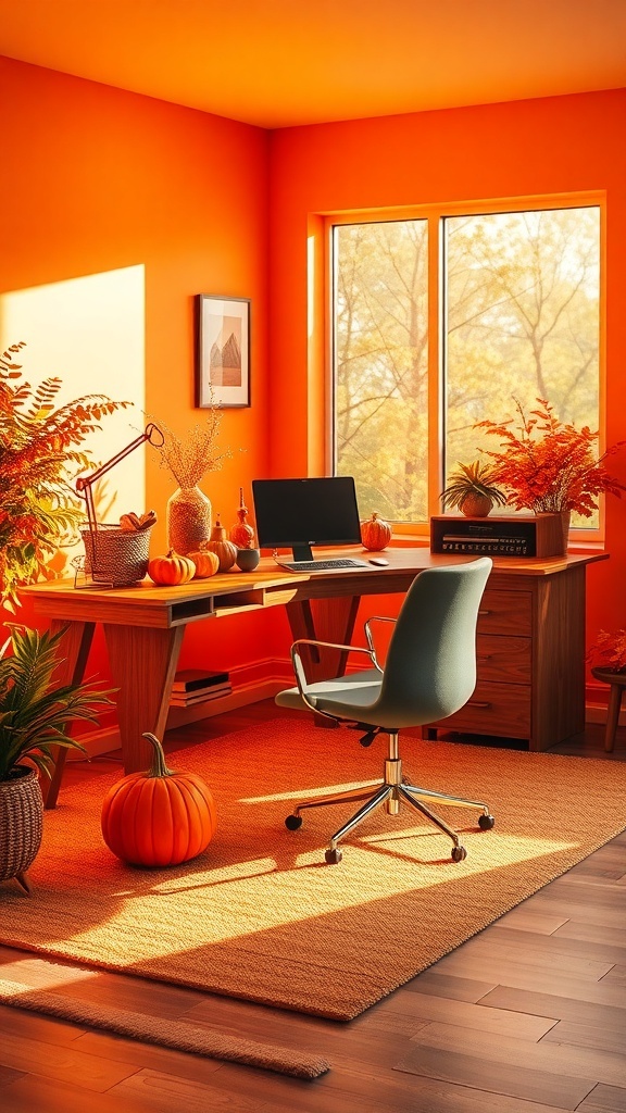 A vibrant home office with burnt orange walls, a wooden desk, pumpkins, and plants, showcasing an orange aesthetic.