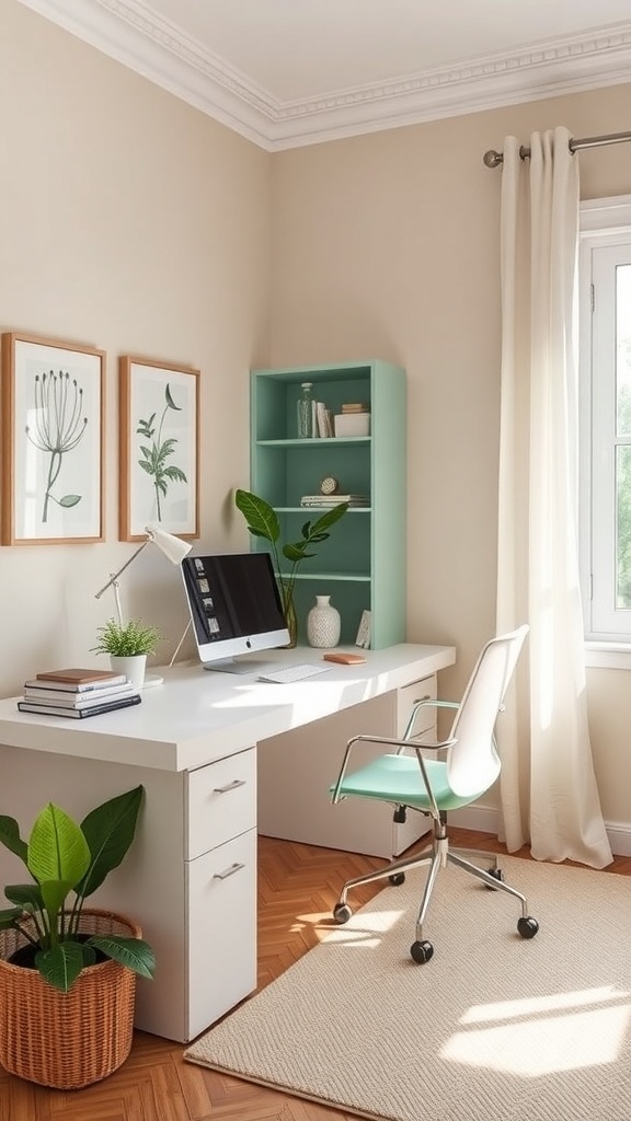 A home office featuring soft beige walls, a mint green chair, a wooden desk, and plants, creating a refreshing workspace.