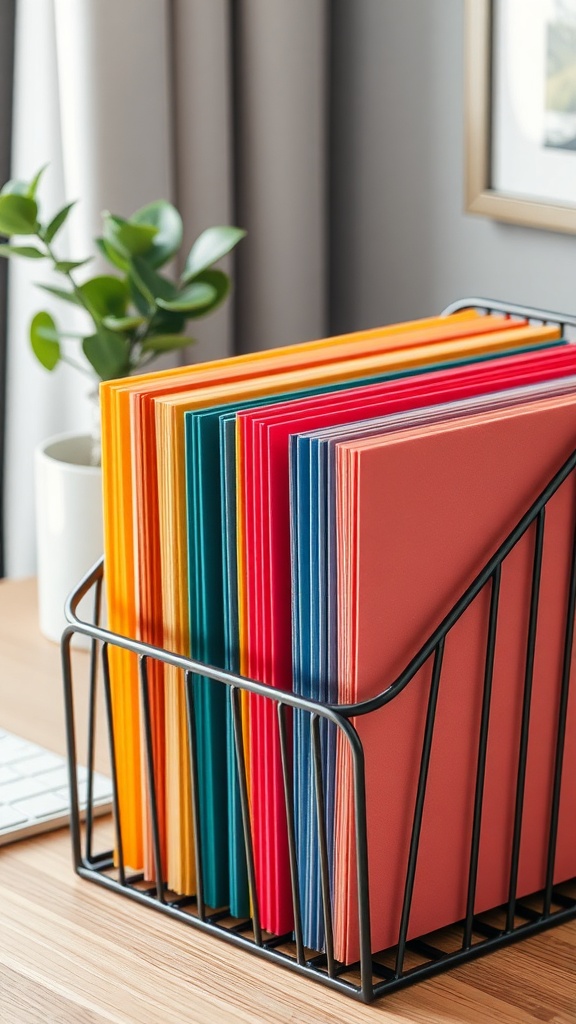 A collection of colorful file folders in a metal holder on a desk, with a plant in the background.