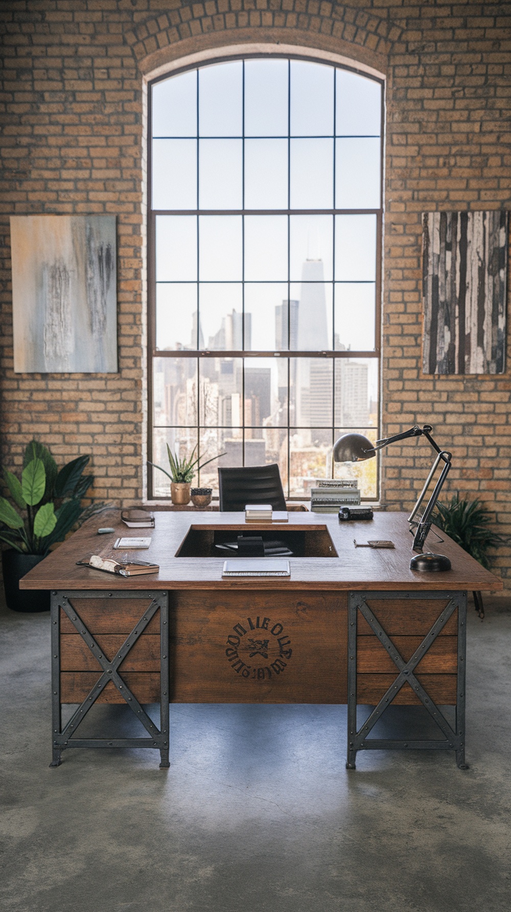 An industrial style L shaped executive desk with wooden top and metal frame in a modern office setting.