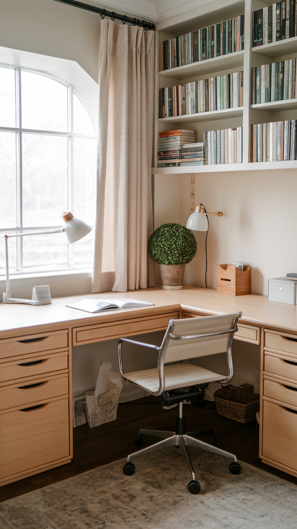 An elegant L shaped executive desk with soft close drawers in a modern office setting.