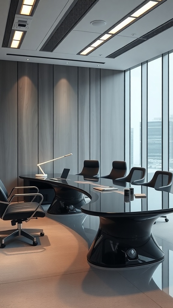 A modern executive desk with a futuristic design in a sleek office setting.