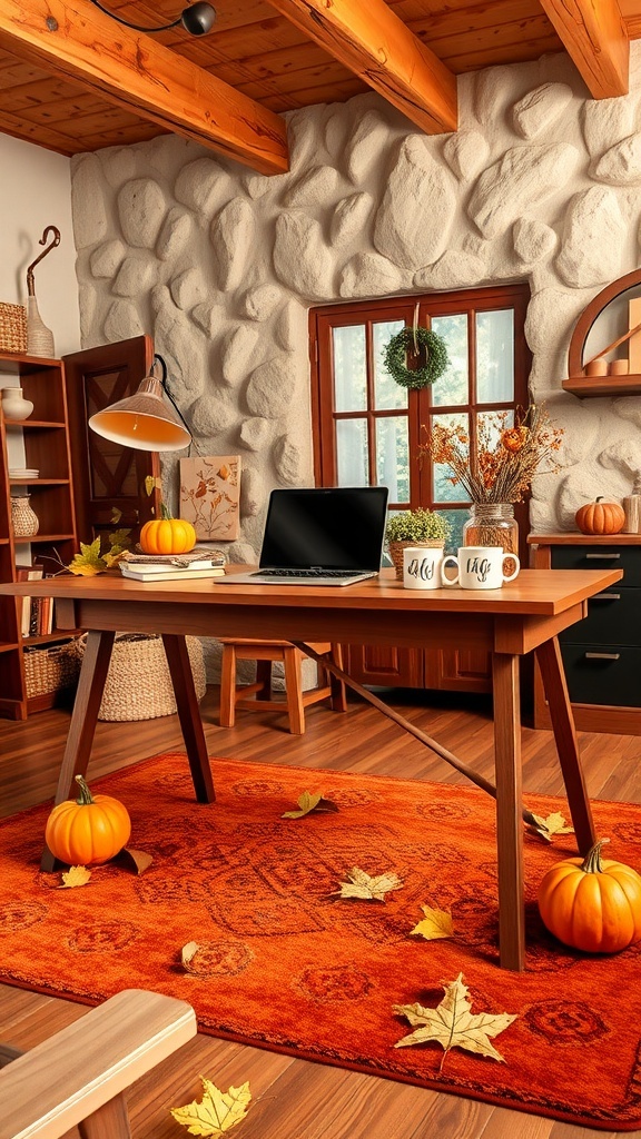 A cozy home office with personalized fall mugs, pumpkins, and autumn decorations.