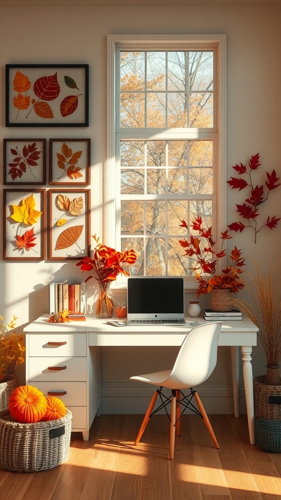 A cozy home office decorated with autumn leaves, pumpkins, and a minimalist desk setup.