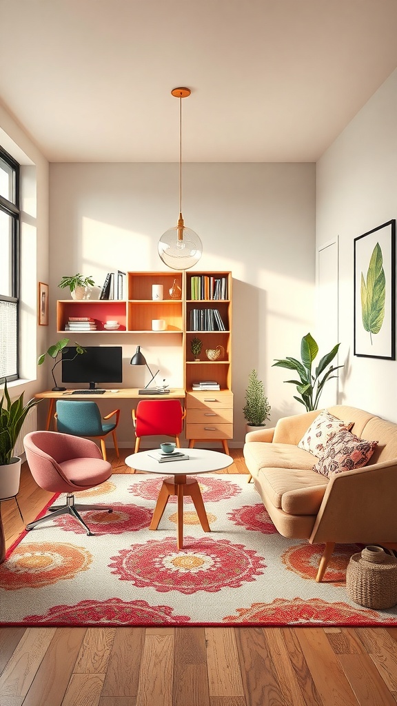 A stylish mid-century modern home office with colorful furniture and a cozy atmosphere.