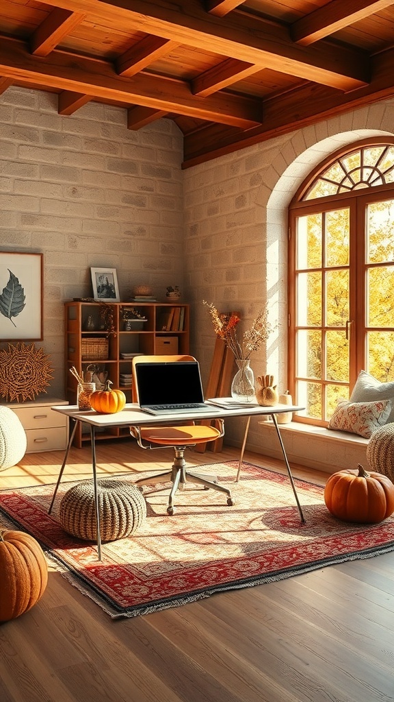 A cozy home office decorated for fall with pumpkins and warm colors.