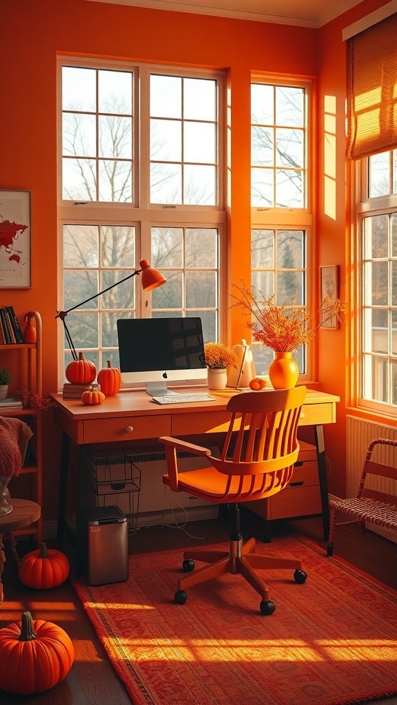 A bright and vibrant home office with orange walls, an orange chair, and pumpkins, showcasing a citrus palette.