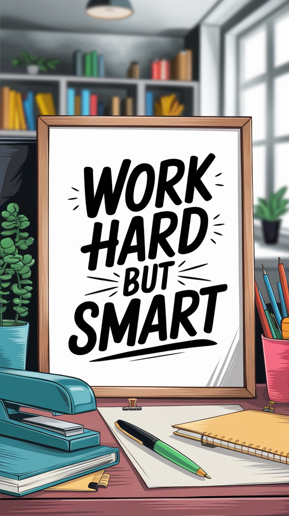 Inspirational quote print framed on an office desk with plants and stationery.