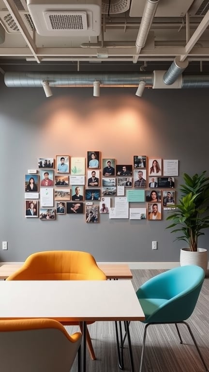 A wall displaying employee photos and recognition in a modern office setting.