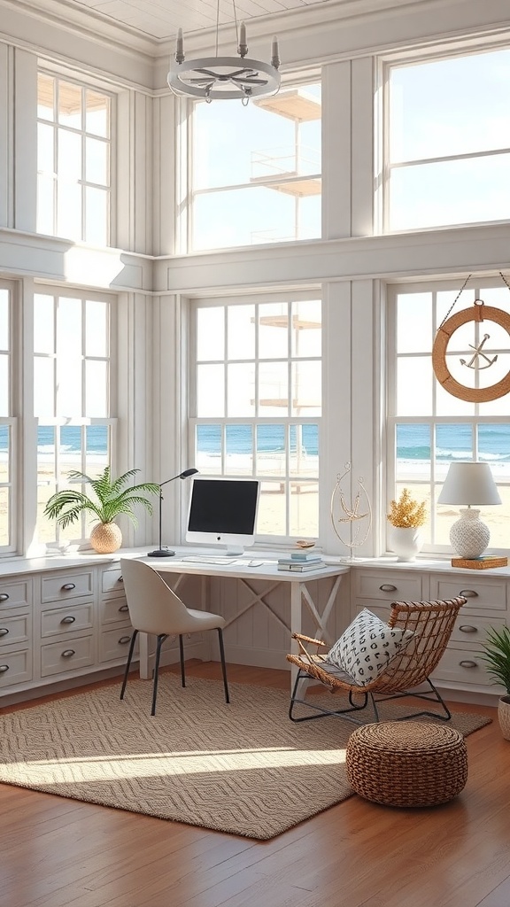 A bright and airy coastal home office with large windows, white cabinetry, and a cozy chair.