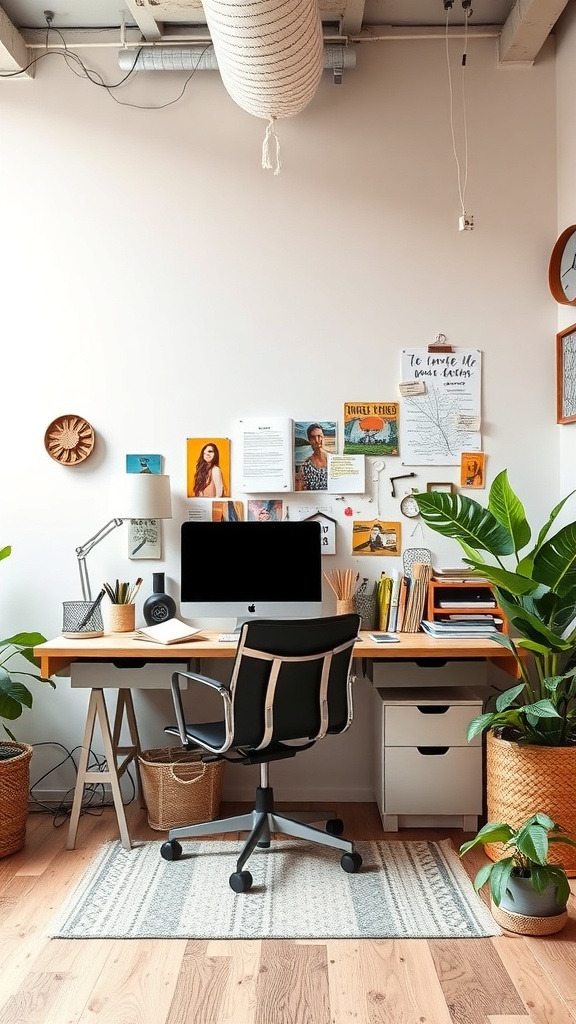 A stylish home office with a wooden desk, black chair, and a wall collage of notes and images, surrounded by plants.